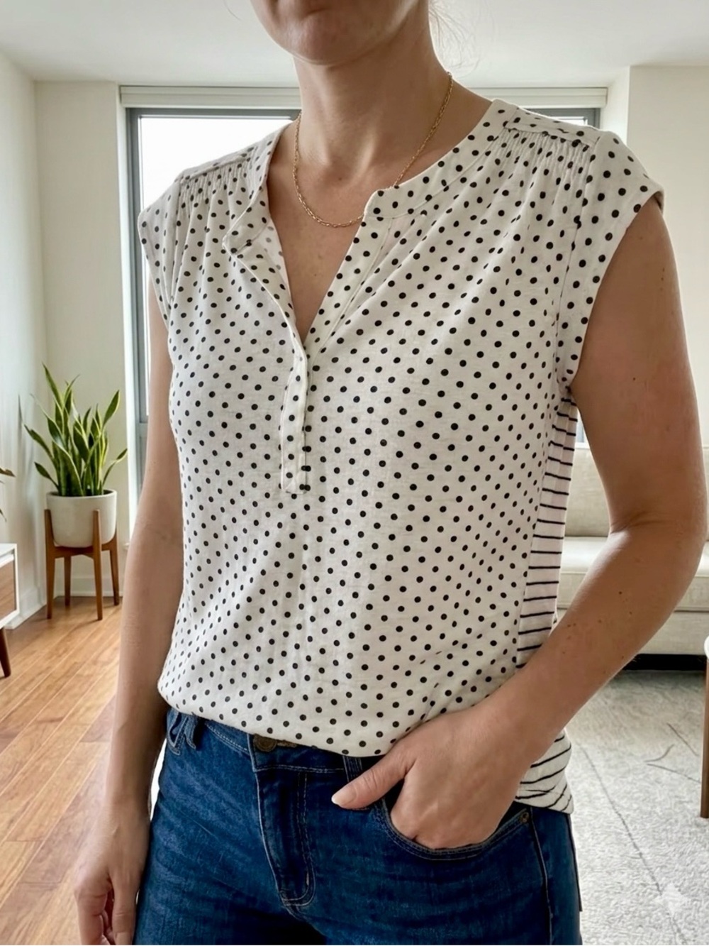 Daniel Rainn Polka Dot & Striped Mixed Pattern Henley Blouse - Size Small